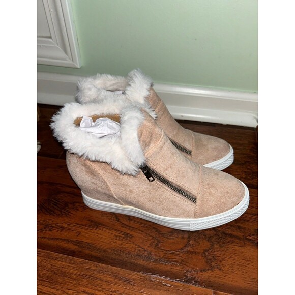 Jolimall Women's 8 Slip On Zipper Platform Wedge Faux Fur Trimmed Ankle Booties - Picture 1 of 4
